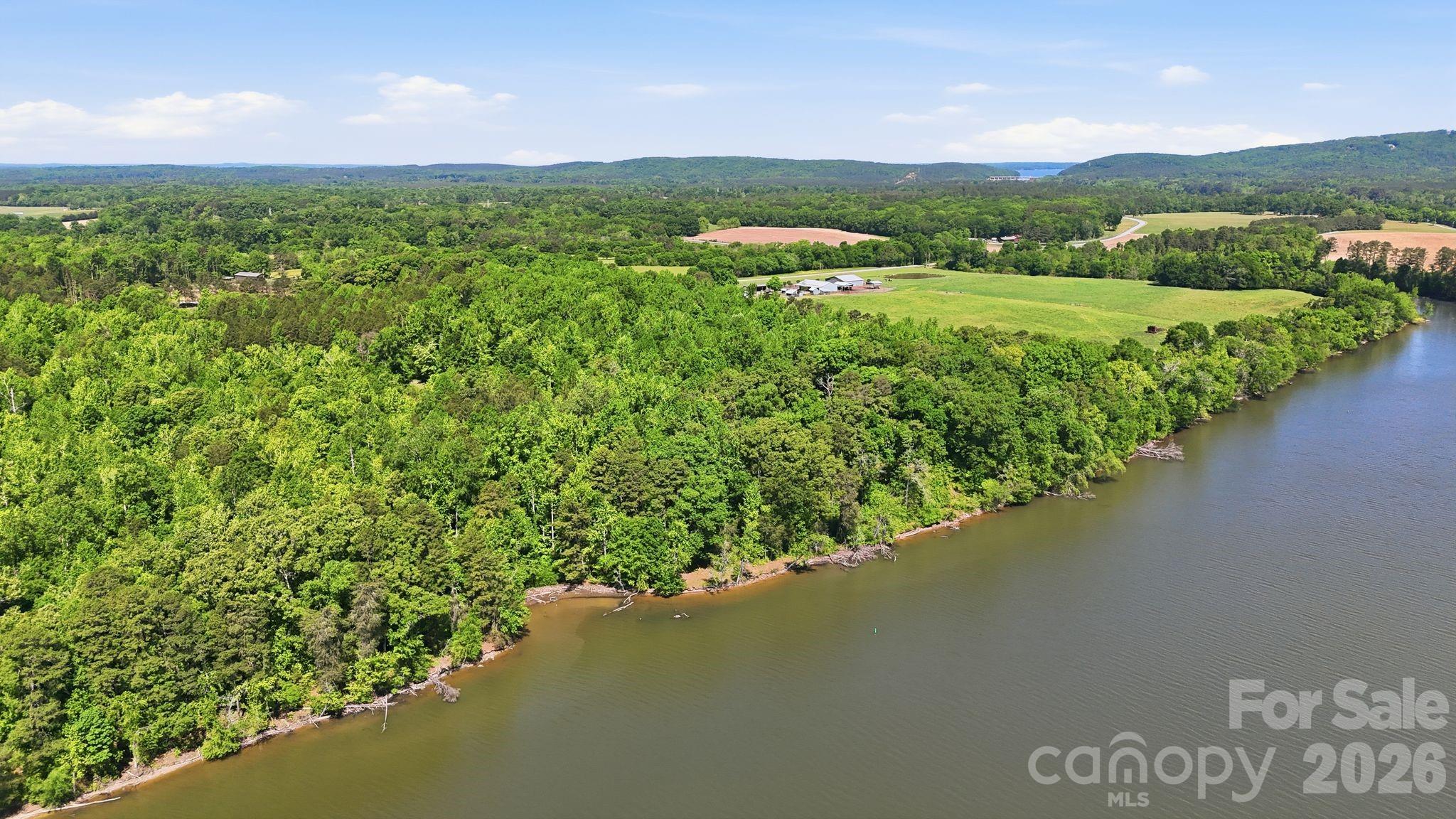 a view of a lush green outdoor space with a lake view