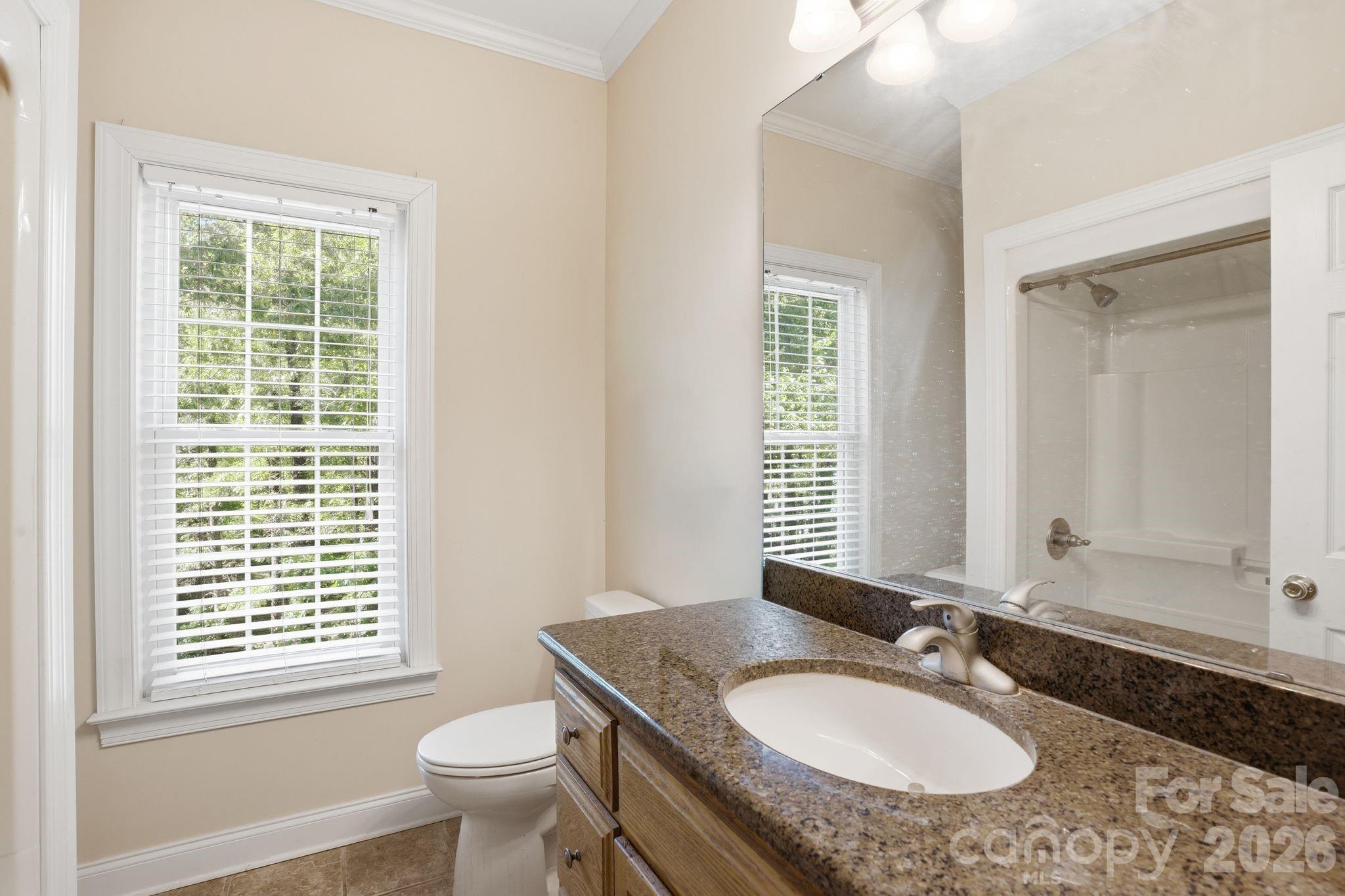 2275 River Road Richfield, NC 28137 - Photo 26 of 44 a bathroom with a granite countertop sink a toilet a mirror and a window
