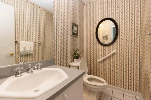 a bathroom with a sink a toilet mirror and vanity