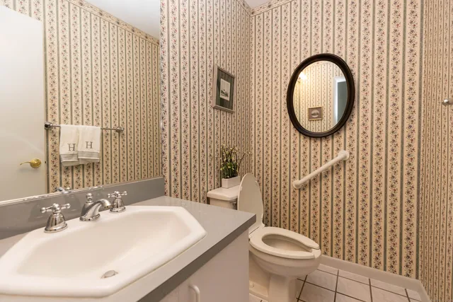 a bathroom with a sink a toilet mirror and vanity