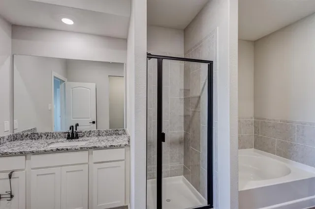 a bathroom with a granite countertop sink and mirror