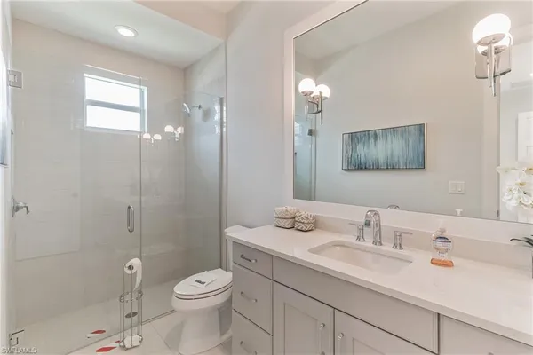 a bathroom with a toilet a sink a mirror a shower and vanity