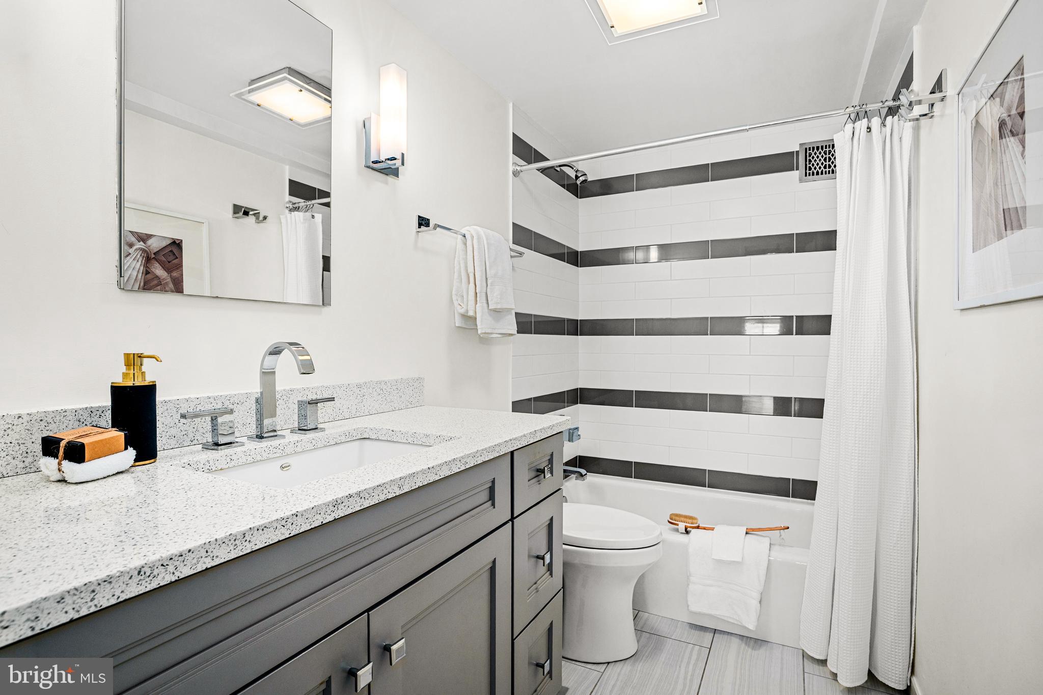4201 Cathedral Avenue Northwest, Unit 1415W Washington, DC 20016 - Photo 20 of 36 a bathroom with a sink a toilet a mirror and shower