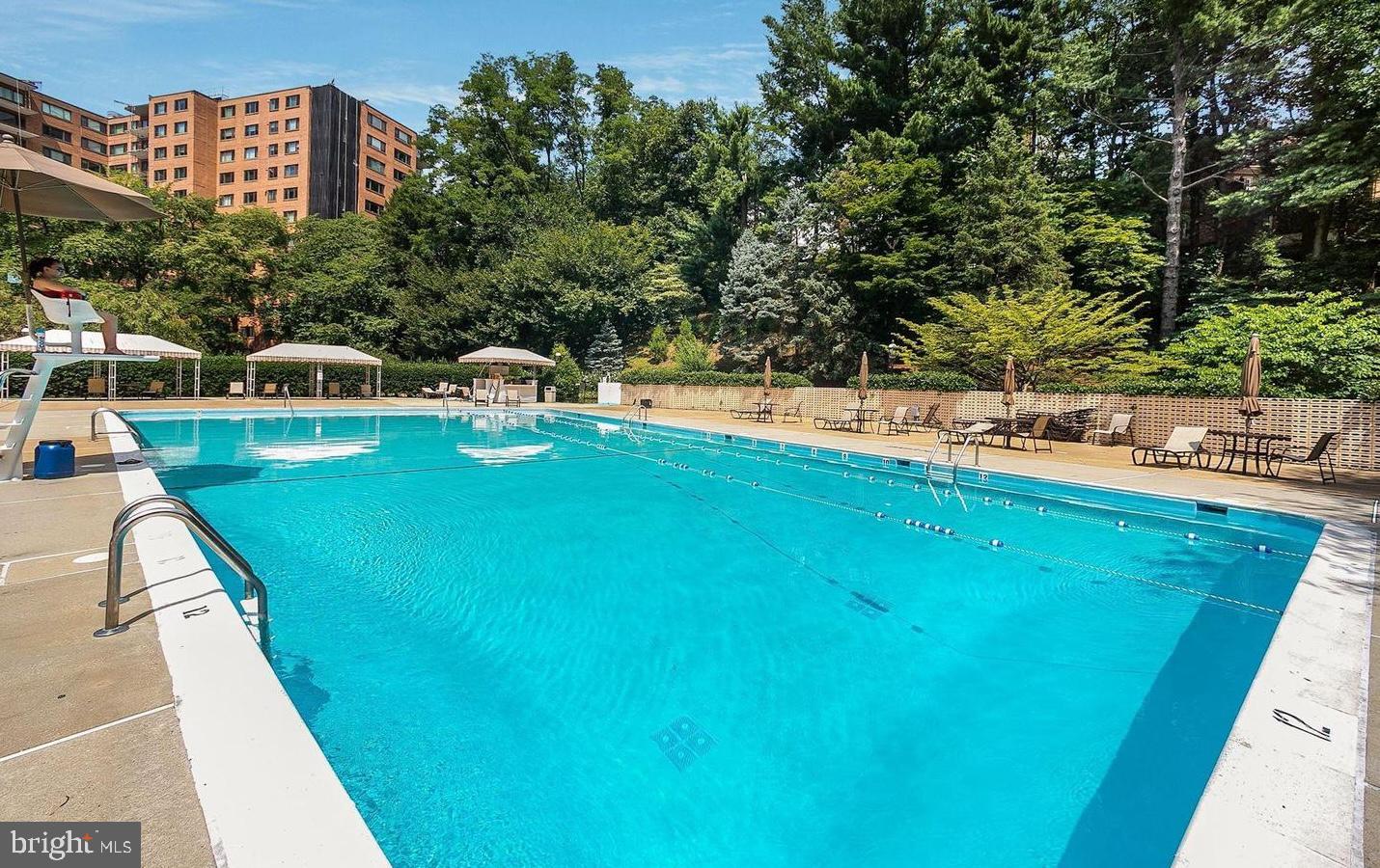 4201 Cathedral Avenue Northwest, Unit 1415W Washington, DC 20016 - Photo 27 of 36 a view of a swimming pool with lawn chairs and plants
