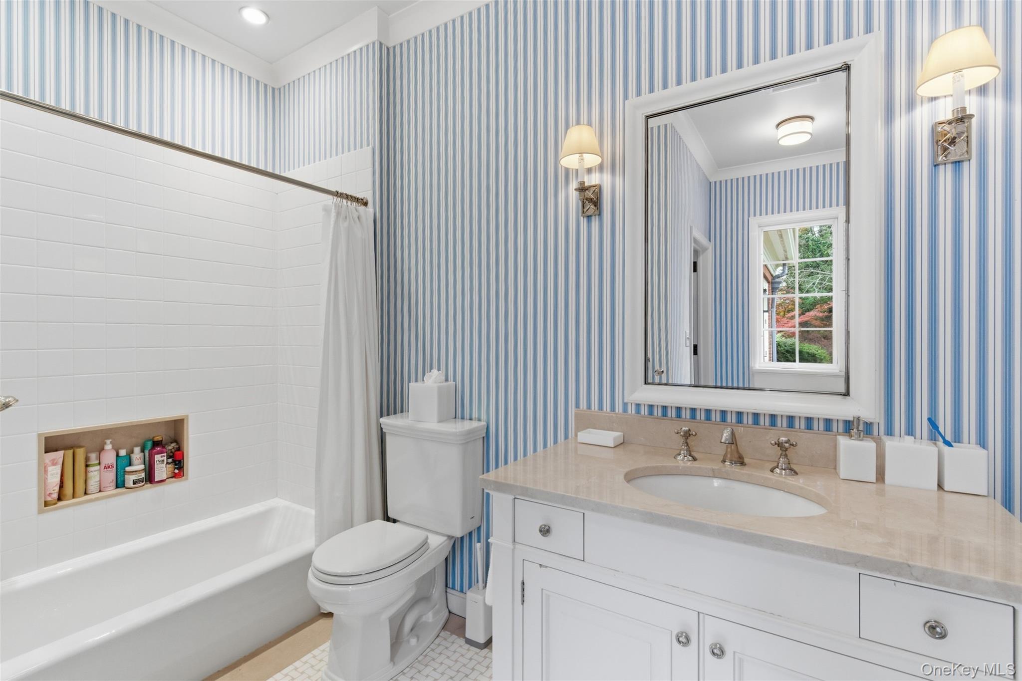 159 Factory Pond Road Mill Neck, NY 11560 - Photo 28 of 39 Bathroom featuring wallpapered walls, vanity, shower / tub combo, and ornamental molding