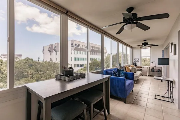 a view of a dining room with furniture window and outside view