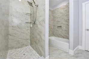 a bathroom with a bathtub
