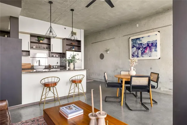 a view of a dining room with furniture