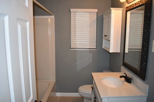 a bathroom with a sink toilet and mirror