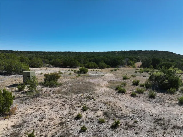 a view of a dry field with trees in background