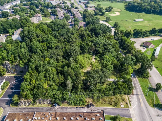 an aerial view of residential houses with outdoor space and trees