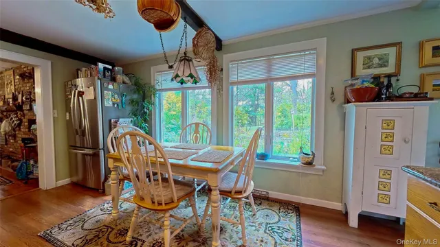 a view of a dining room with furniture window and wooden floor