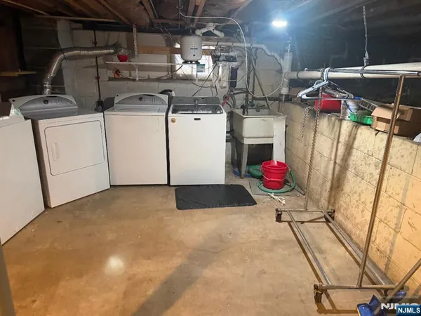 a view of a garage with storage