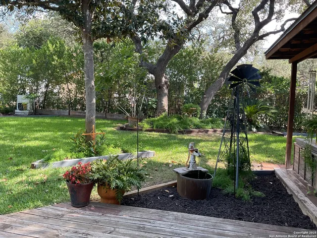 a garden view with a seating space