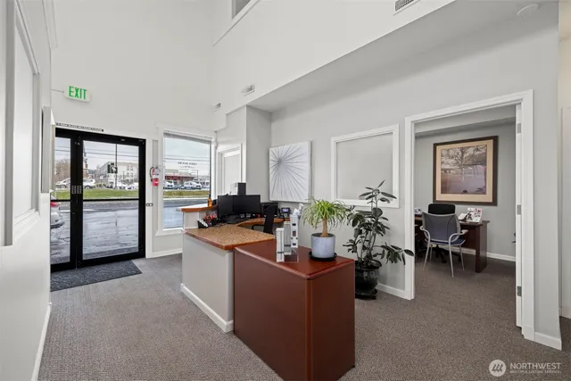 a living room with furniture potted plant and windows
