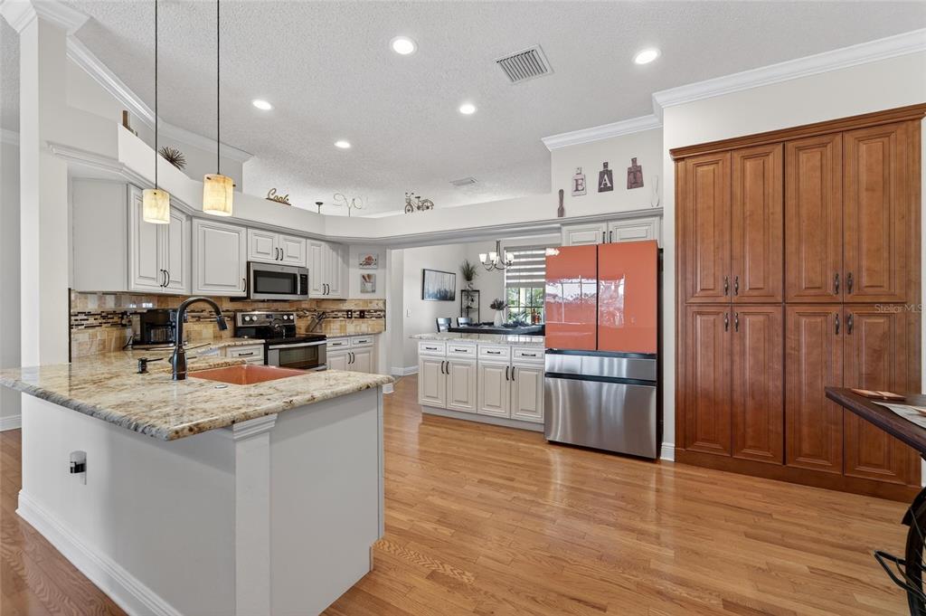 3522 Fox Squirrel Lane Valrico, FL 33596 - Photo 3 of 82 a kitchen with stainless steel appliances granite countertop a refrigerator a sink dishwasher a stove and white countertops with wooden floor