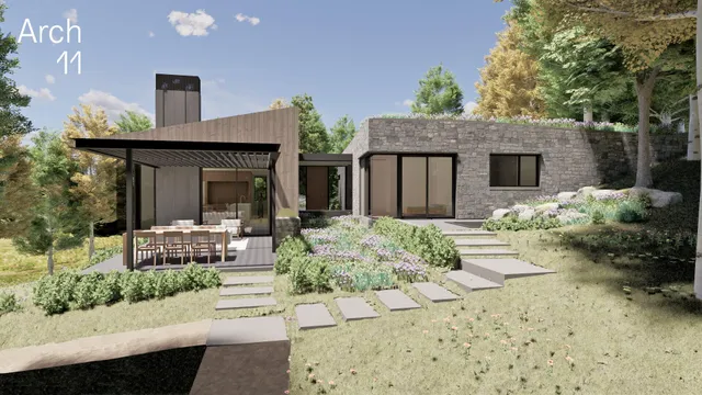 a view of a chair and table in backyard of the house