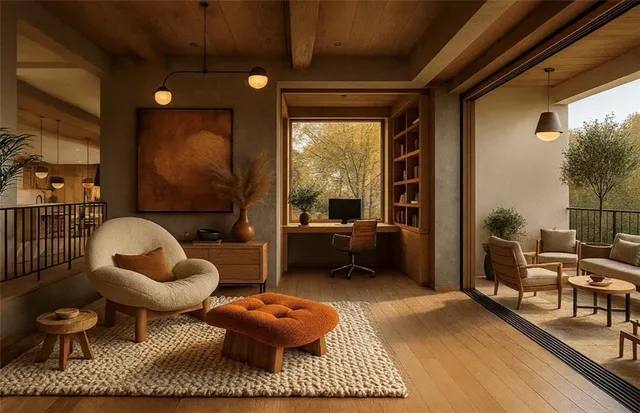 a living room with furniture and a rug