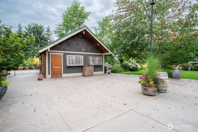 a view of a yard with potted plants