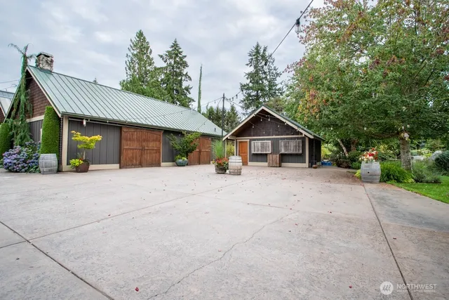 a view of a park with large trees