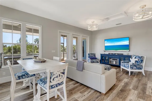 a living room with furniture and floor to ceiling windows