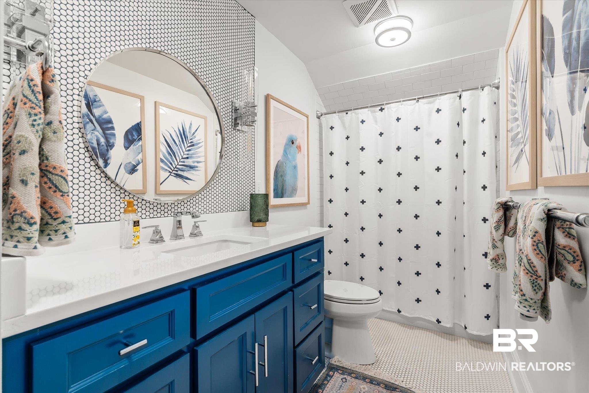 1210 Government Street Mobile, AL 36604 - Photo 32 of 37 Bathroom with toilet, a shower with curtain, vanity, and tile patterned floors