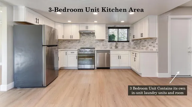 a kitchen with stainless steel appliances a stove a sink and a microwave