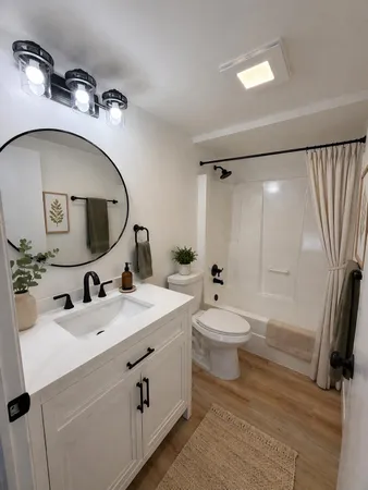 a bathroom with a sink a toilet and a mirror