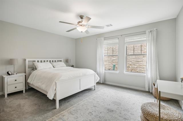 332 Adams Street Georgetown, TX 78628 - Photo 21 of 37 A tranquil bedroom retreat features soft gray tones, plush carpeting, and abundant natural light from dual windows.