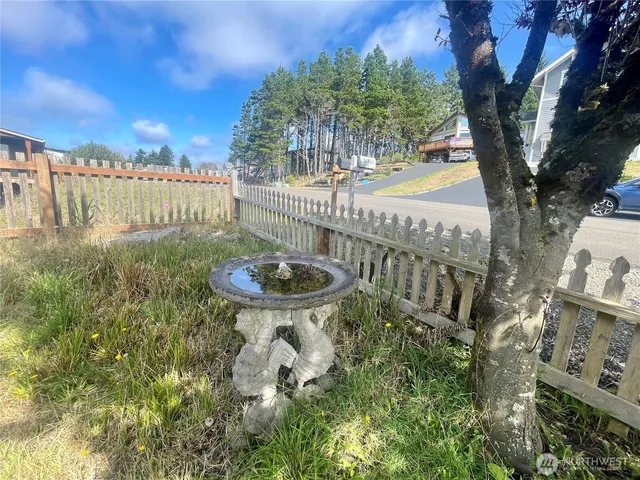 a view of a pathway with a patio