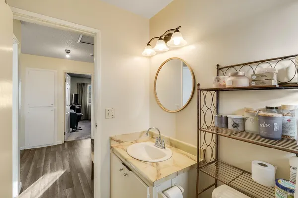 a bathroom with a sink and a mirror