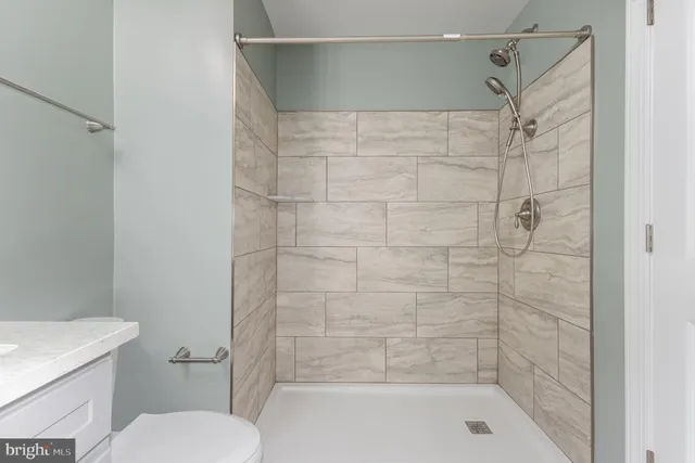 a bathroom with a shower and a toilet