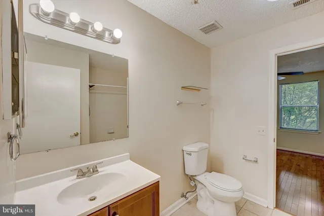 a bathroom with a sink vanity mirror and toilet