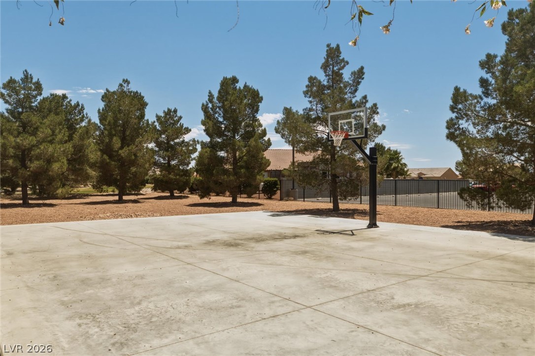 6720 Stubblefield Drive Pahrump, NV 89061 - Photo 45 of 51 A spacious concrete pad creates a private basketball court, framed by mature trees and natural landscaping.