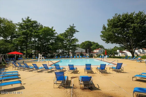 a view of a swimming pool with a yard