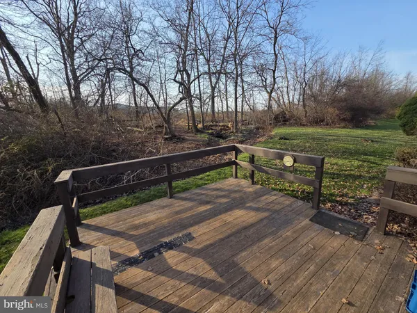 a view of a wooden deck with trees