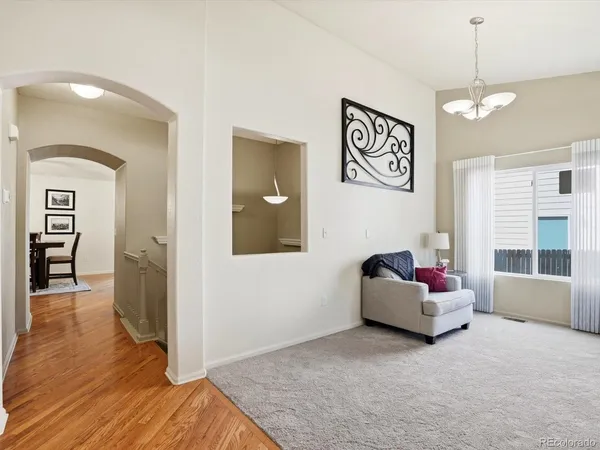 a view of a dining room with furniture