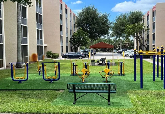 a view of a park with benches