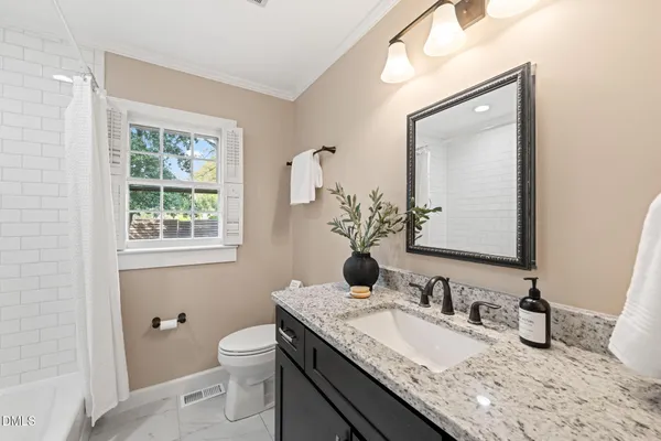 a bathroom with a granite countertop sink a toilet and a mirror