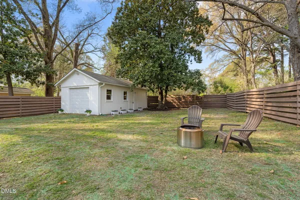 a backyard of a house with table and chairs
