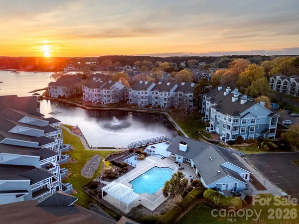 an aerial view of a house with swimming pool and large trees