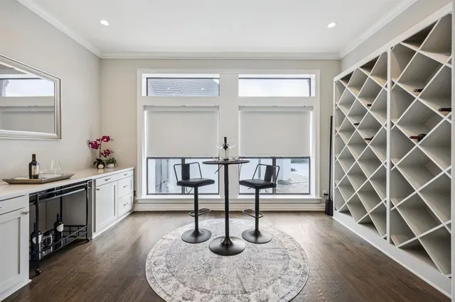 a living room with a patio and a table