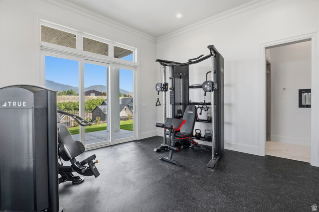 115 East Hidden Ridge Lane, Unit 42 Mapleton, UT 84664 - Photo 78 of 103 Dedicated fitness space featuring rubberized flooring, high ceilings, crown molding, and expansive sliding glass doors opening to the exterior
