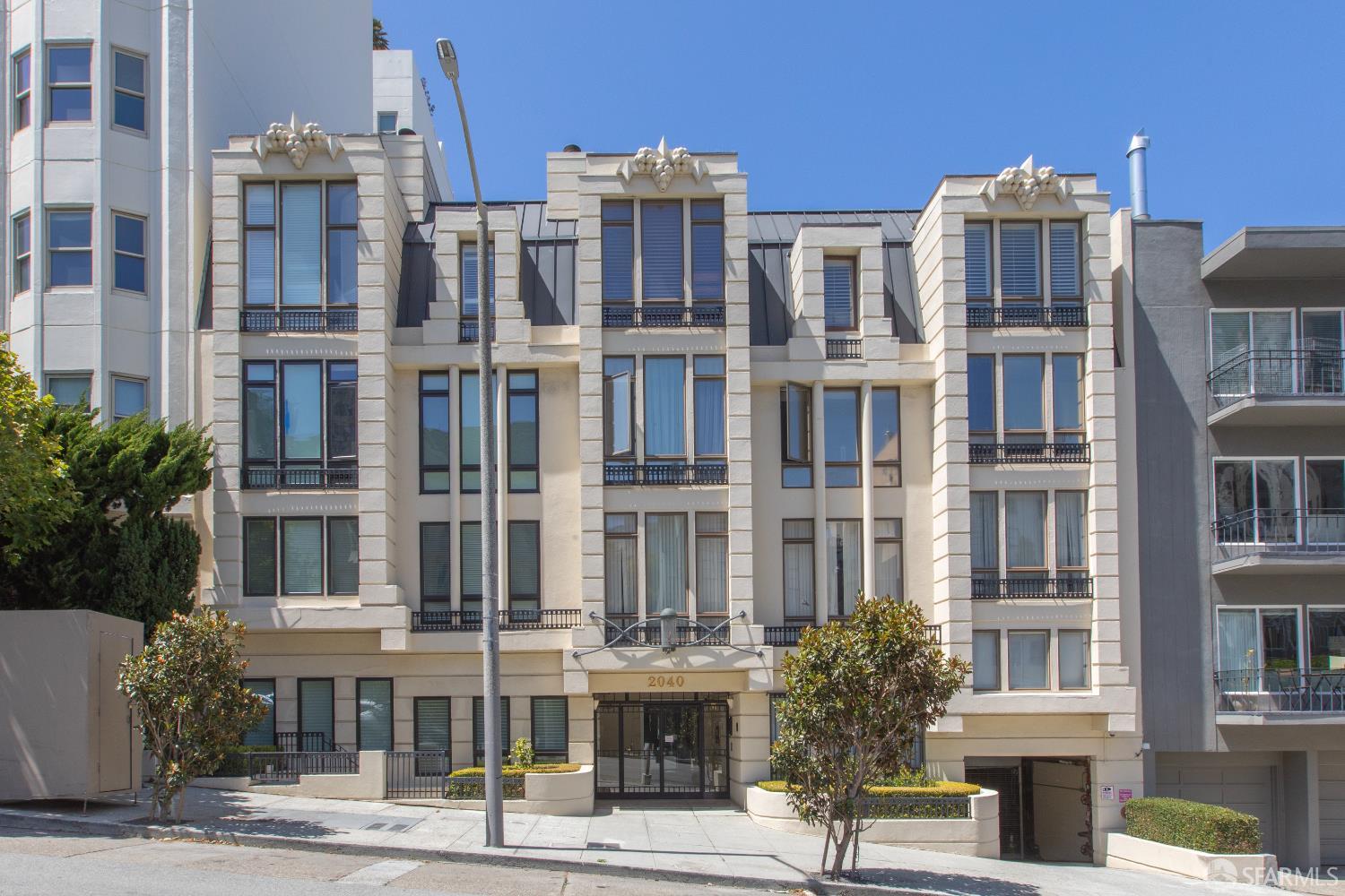 a front view of a multi story building