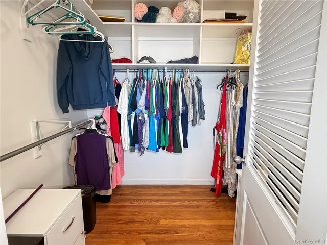 a view of walk in closet with clothes and shoes