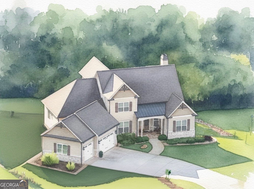 a aerial view of a house next to a yard with plants