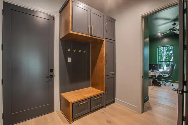 a room with window and elevator