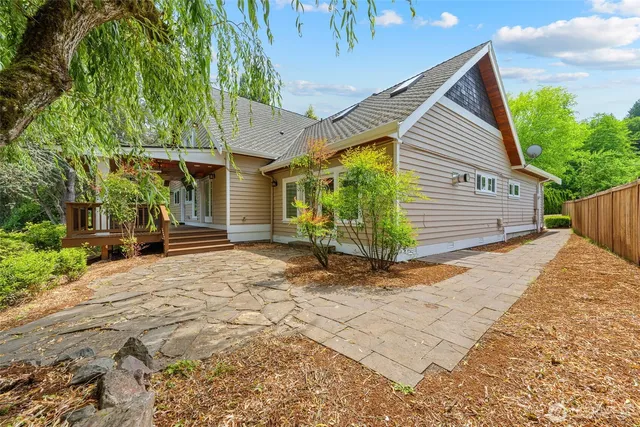 an aerial view of a house with swimming pool