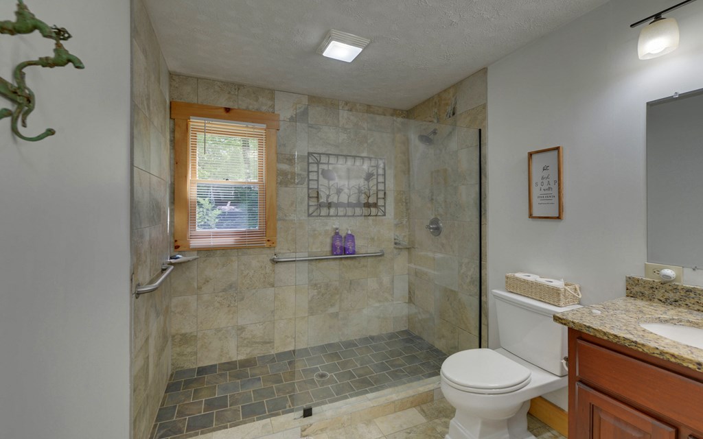 321 Call-Wright Road Ellijay, GA 30540 - Photo 20 of 92 a bathroom with a granite countertop sink a toilet and shower