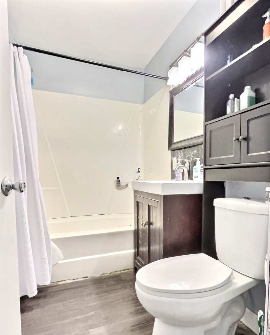 712 South 4th Street DeKalb, IL 60115 - Photo 14 of 25 a bathroom with a sink a toilet a mirror and shower